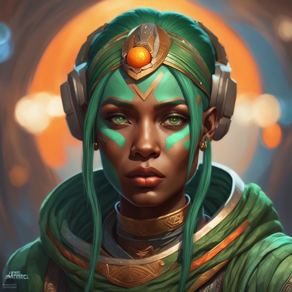 Woman with Green Hair in Asari Attire, Detailed Portrait