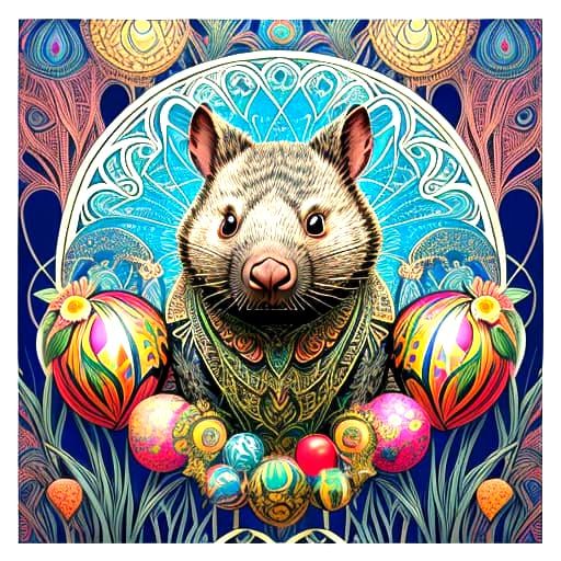 Wombat Thaumaturges Floating with Balloons in Art Nouveau St...