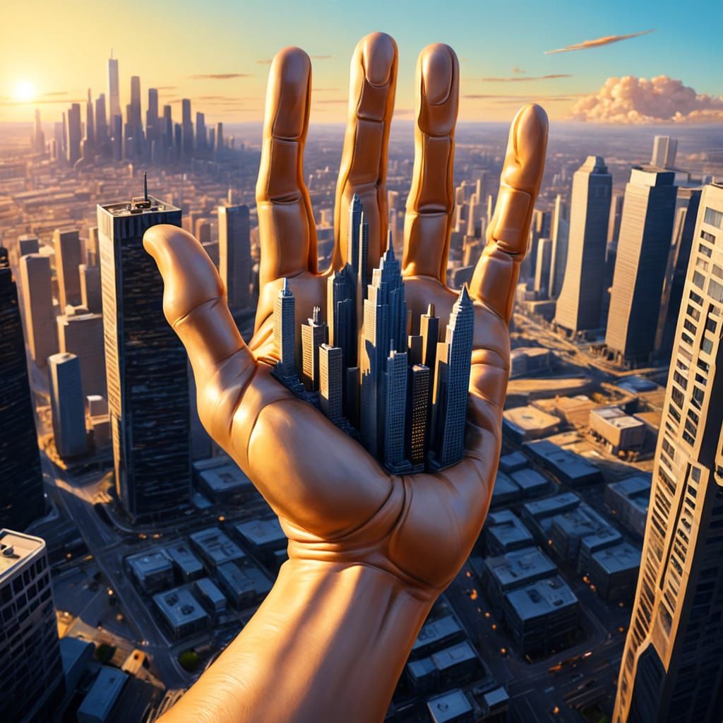 Surreal Giant Hand Holds Melting City at Golden Hour