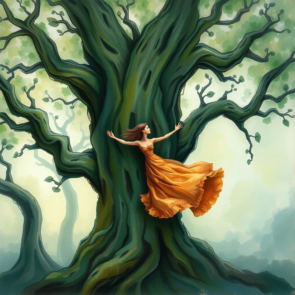 Whimsical Woman Embracing Ancient Tree in Vibrant Dreamlike ...