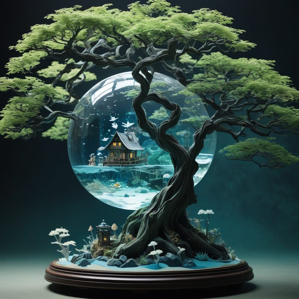 Origami Tree of Memories in Serene Aquarium Scene