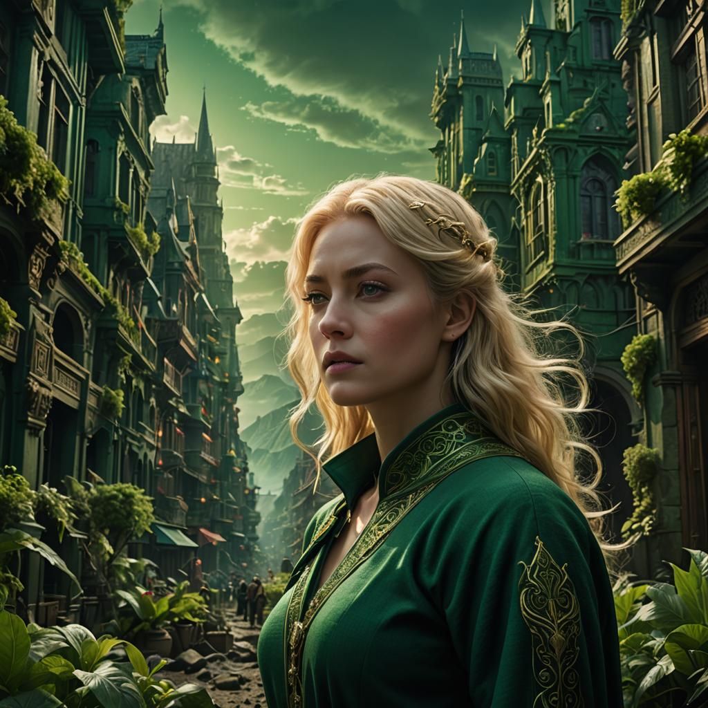 Blonde Woman in Green: Digital Matte Painting