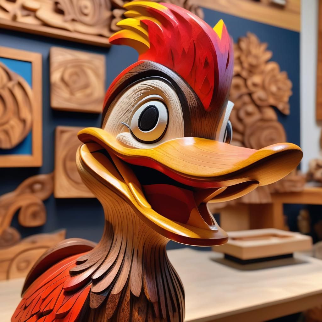 Hyper-Realistic Wooden Sculpture of Woody Woodpecker