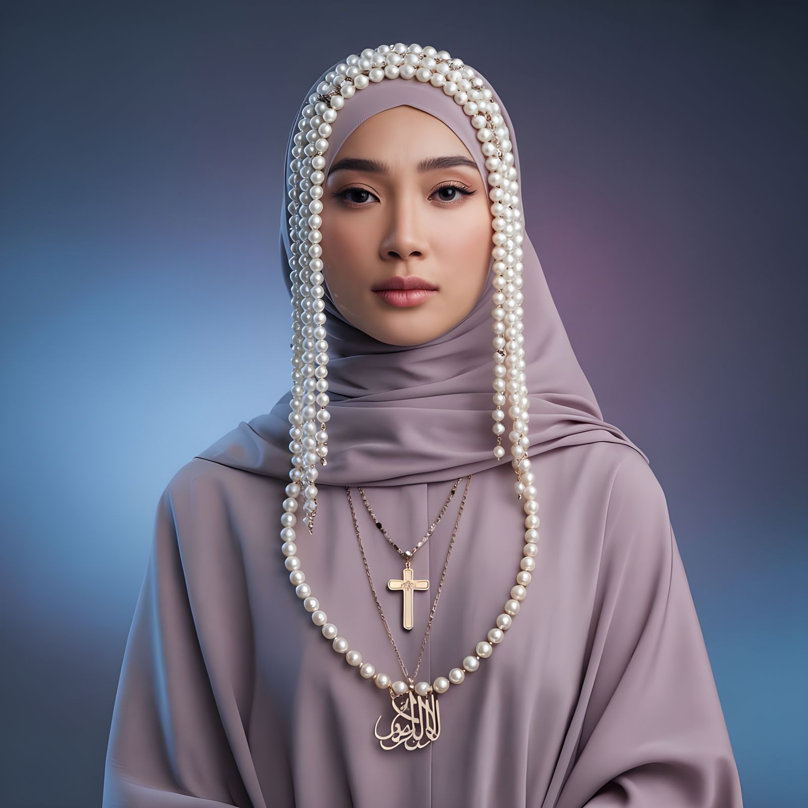 Elegant Asian Woman in Hijab with Pearl Collar