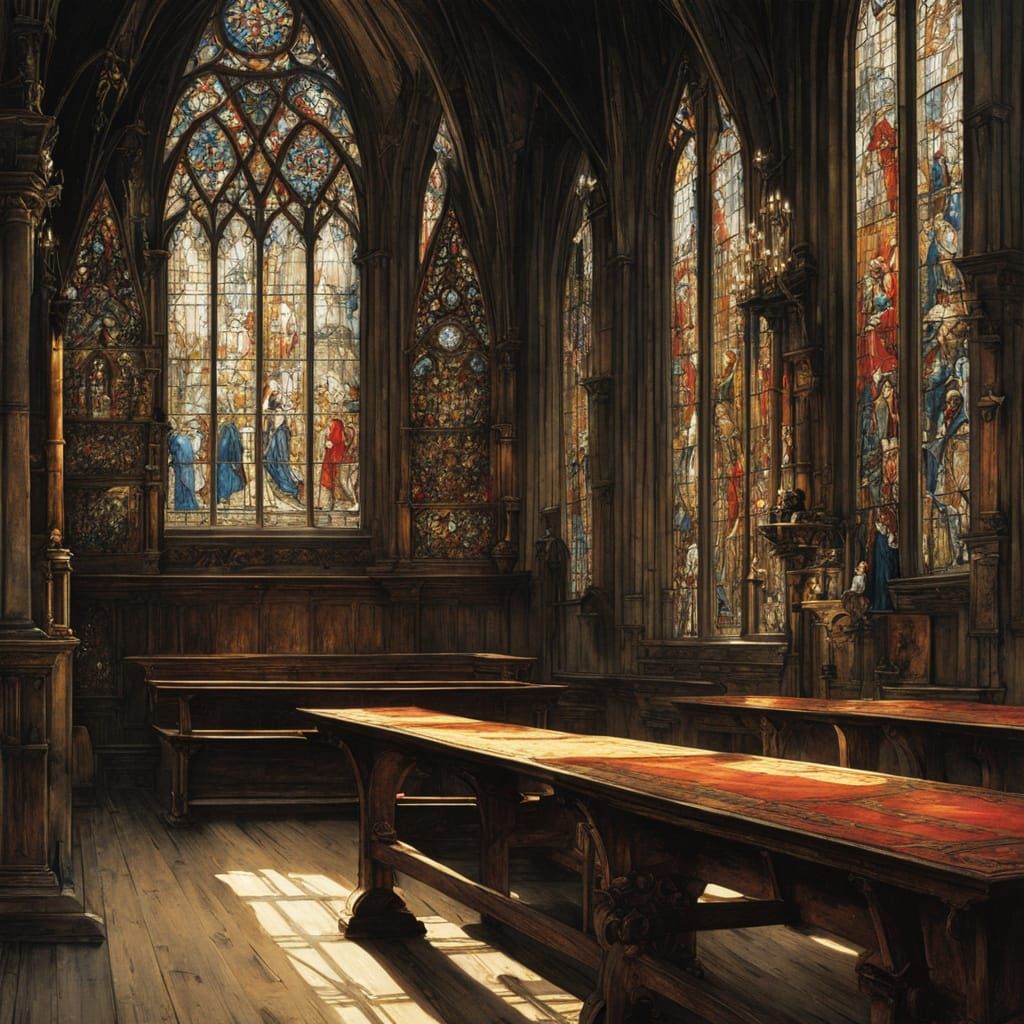 Medieval Girl Waits in Chiaroscuro Chapel