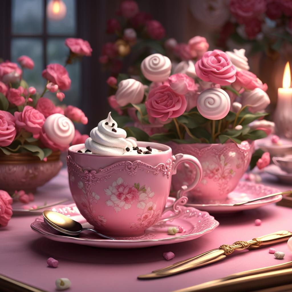 Pink Coffee Cup with Marshmallows, Detailed Digital Art