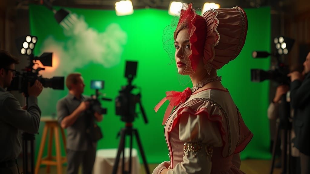 Regency Actress on Film Set with Greenscreen