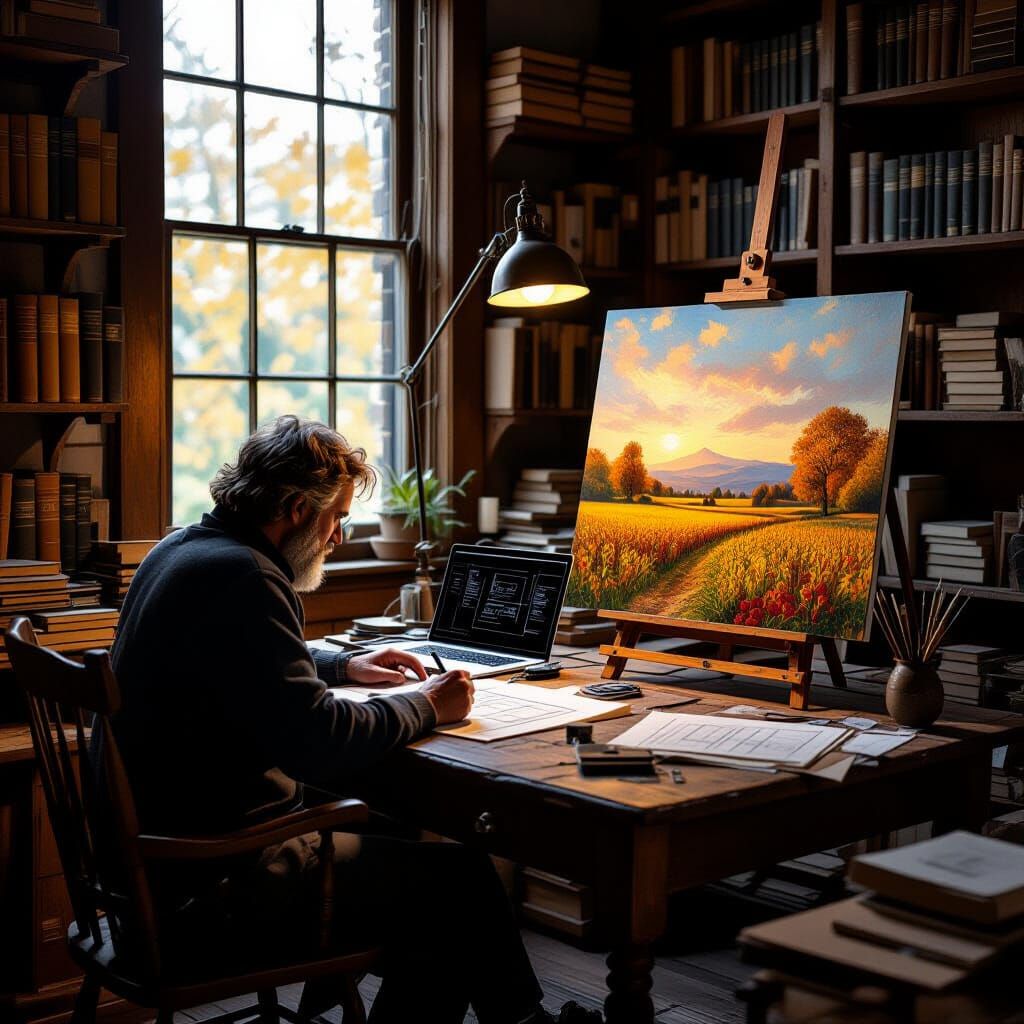 Solitary Artist Contemplates Creation Under Lamp Light
