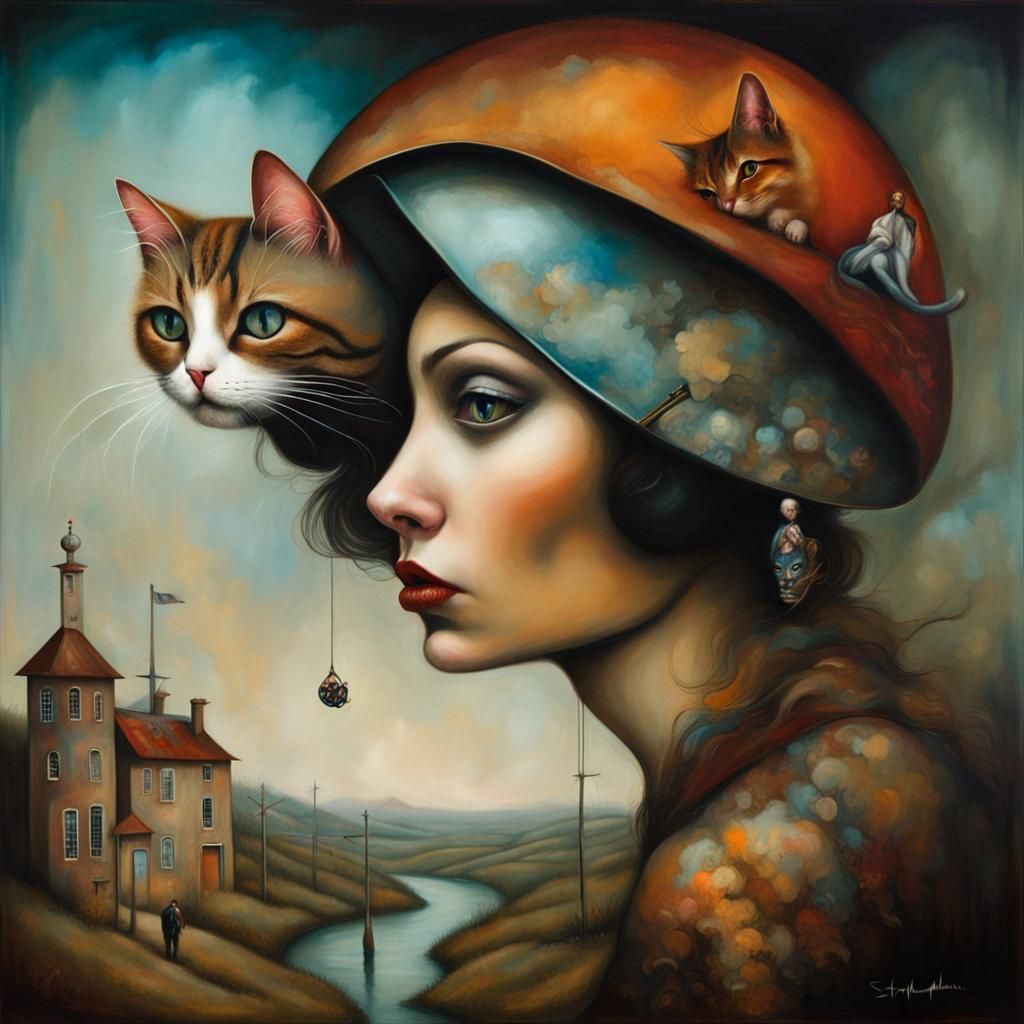 Surreal Fusion: Cat and Woman in Andrews Style