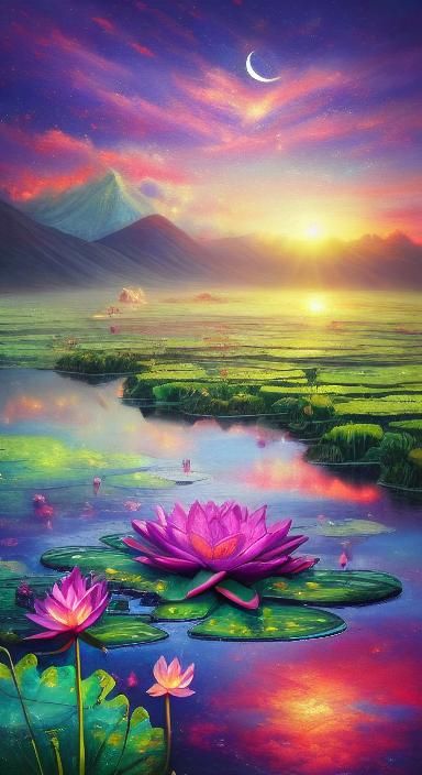 Lotus Flower with Seasonal Landscapes in Surreal Style