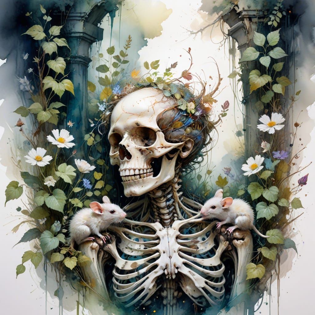 Skeleton Overgrown With Vines, Mice Home in Ribcage