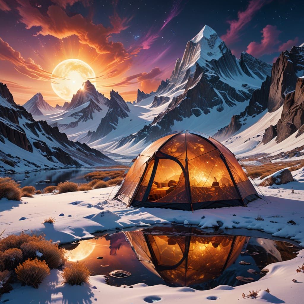 Cosmic Winter Camping Scene in Vibrant, Dreamy Style