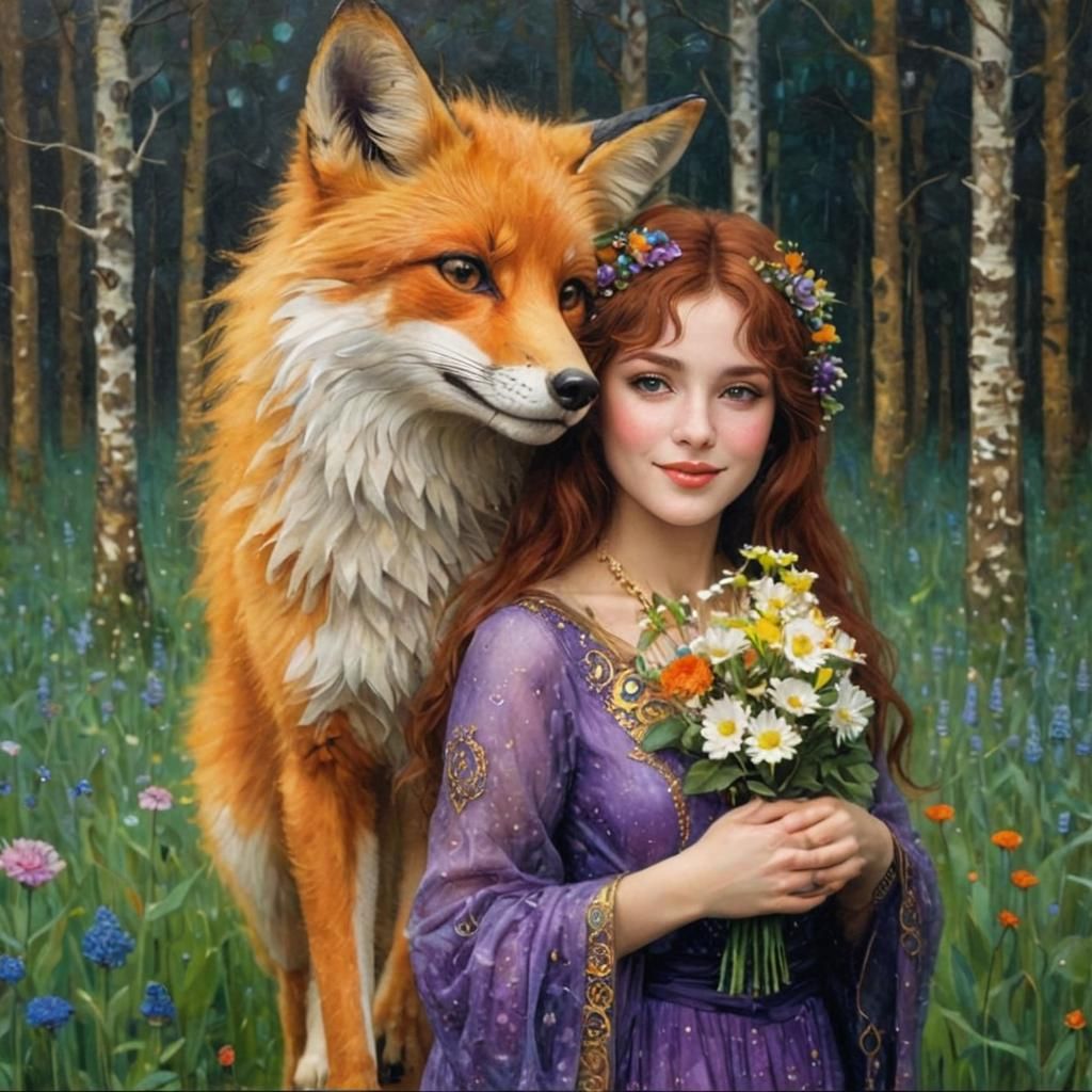 Fox Lady in Mist: Klimt-Inspired 3D Art