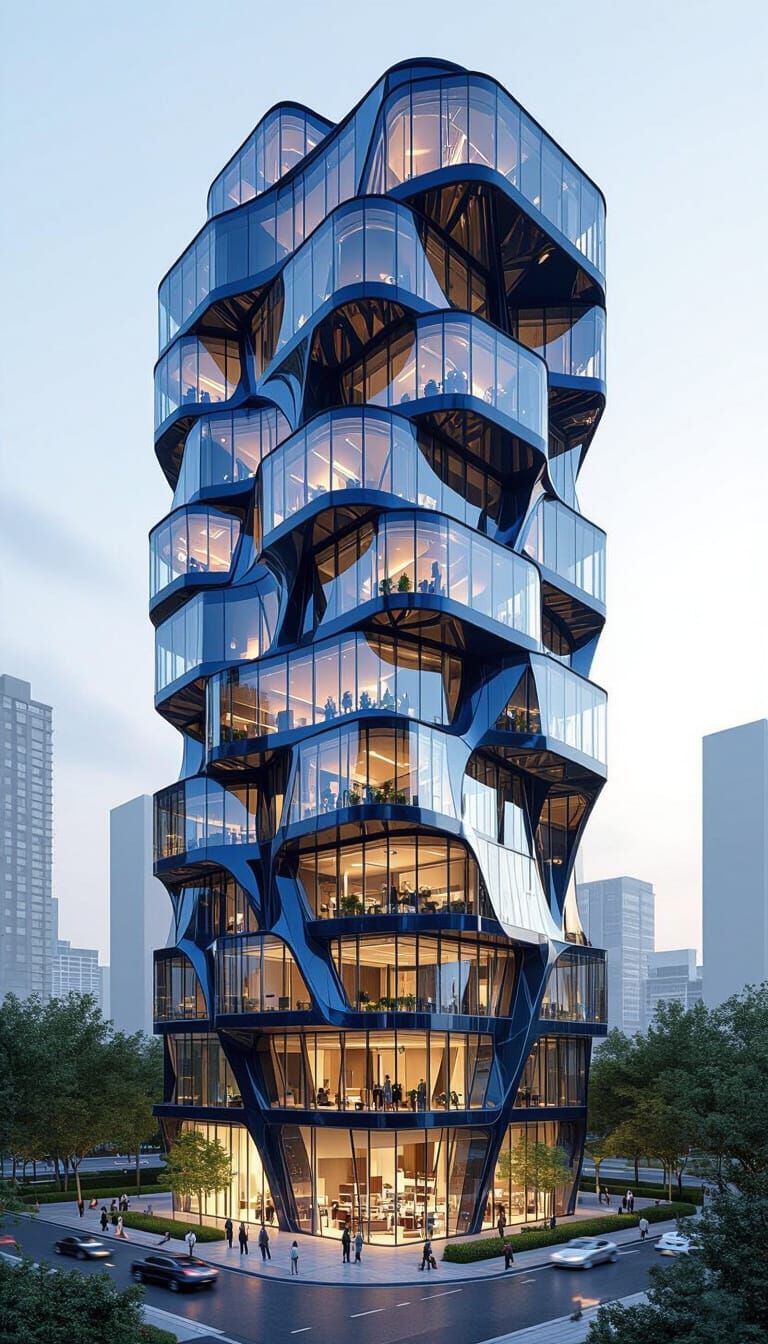 Futuristic Twisted High-Rise Building with Suspended Garden