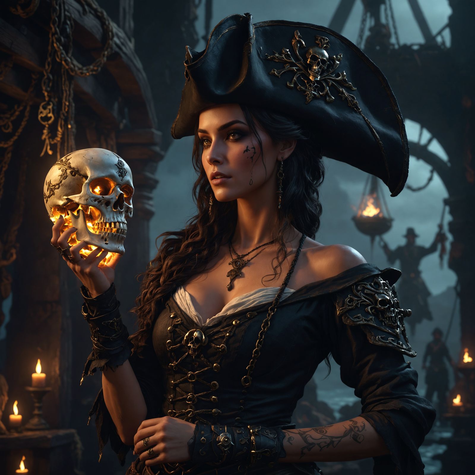"Glowing rune black" A stunningly beautiful female pirate ho...