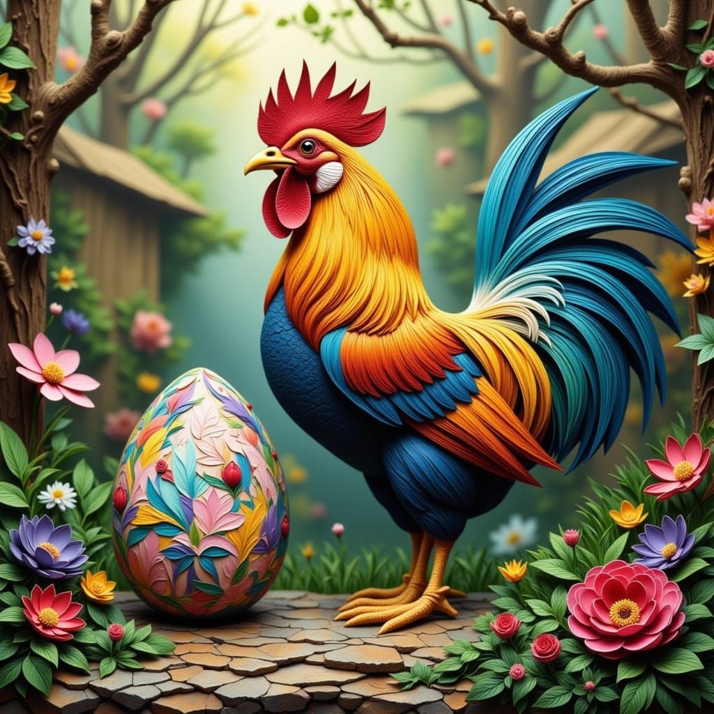 Majestic Chicken Amidst Vibrant Blooms and Golden Light