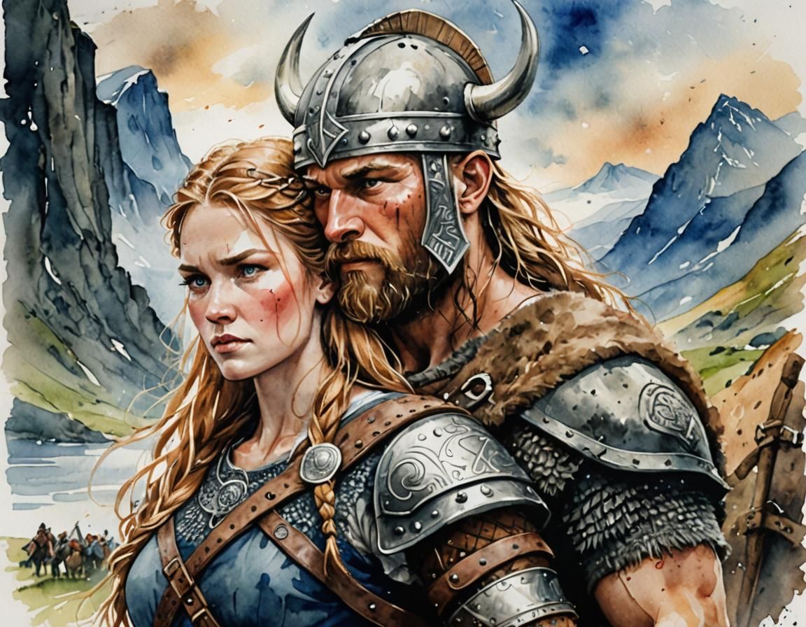Viking Shield Maiden Embracing Warrior in Watercolor
