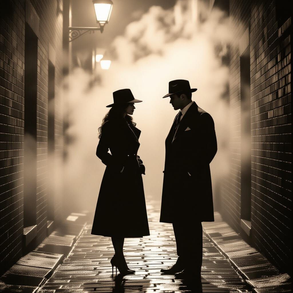 Noir Gangster Couple in Misty Alley: Sepia Photography