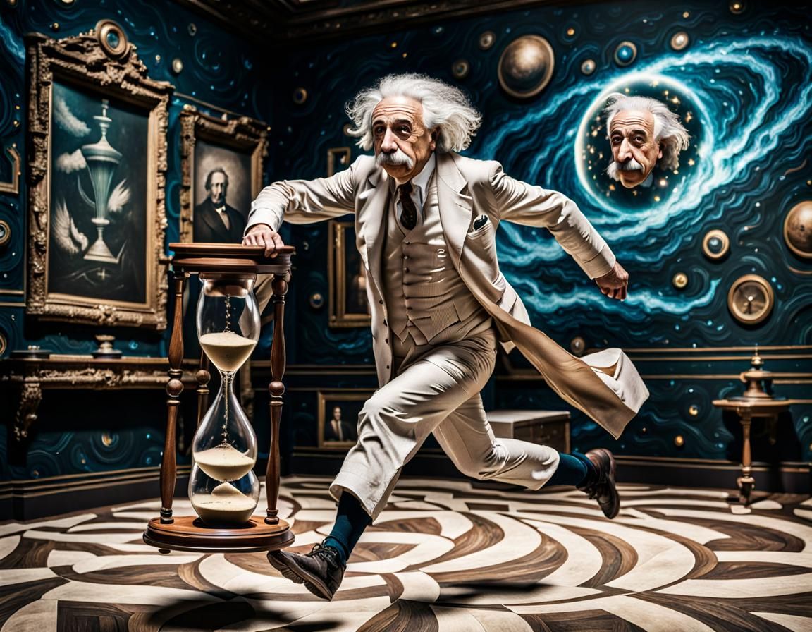 Einstein Runs with Hourglass in Surreal Room
