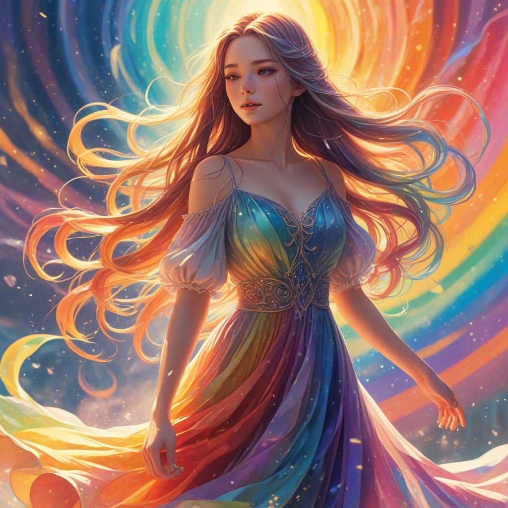 Girl in Whimsical Anime-Style Rainbow Landscape