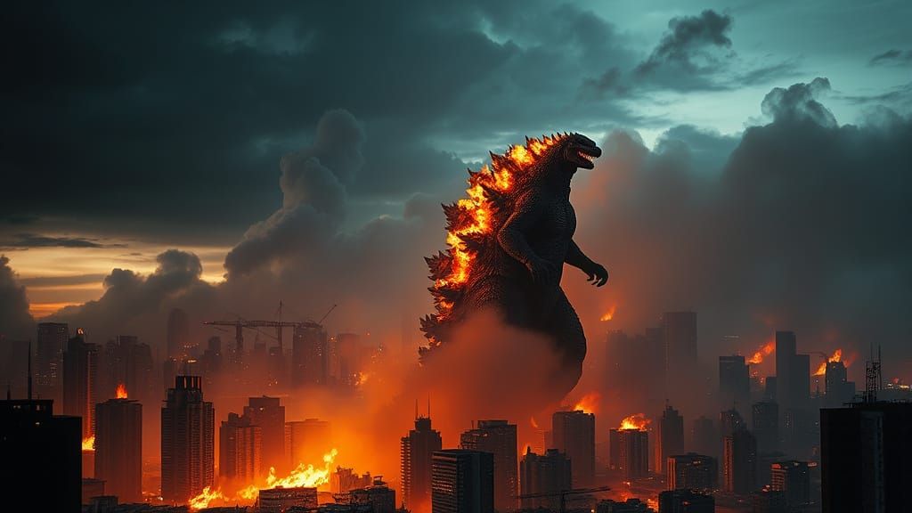 Godzilla in a Destroyed City: Cinematic Horror Scene