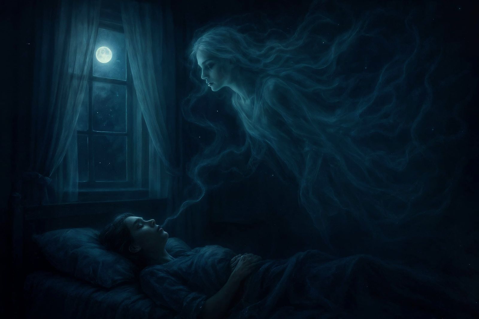 Ethereal Apparition Observes Sleeping Woman at Night
