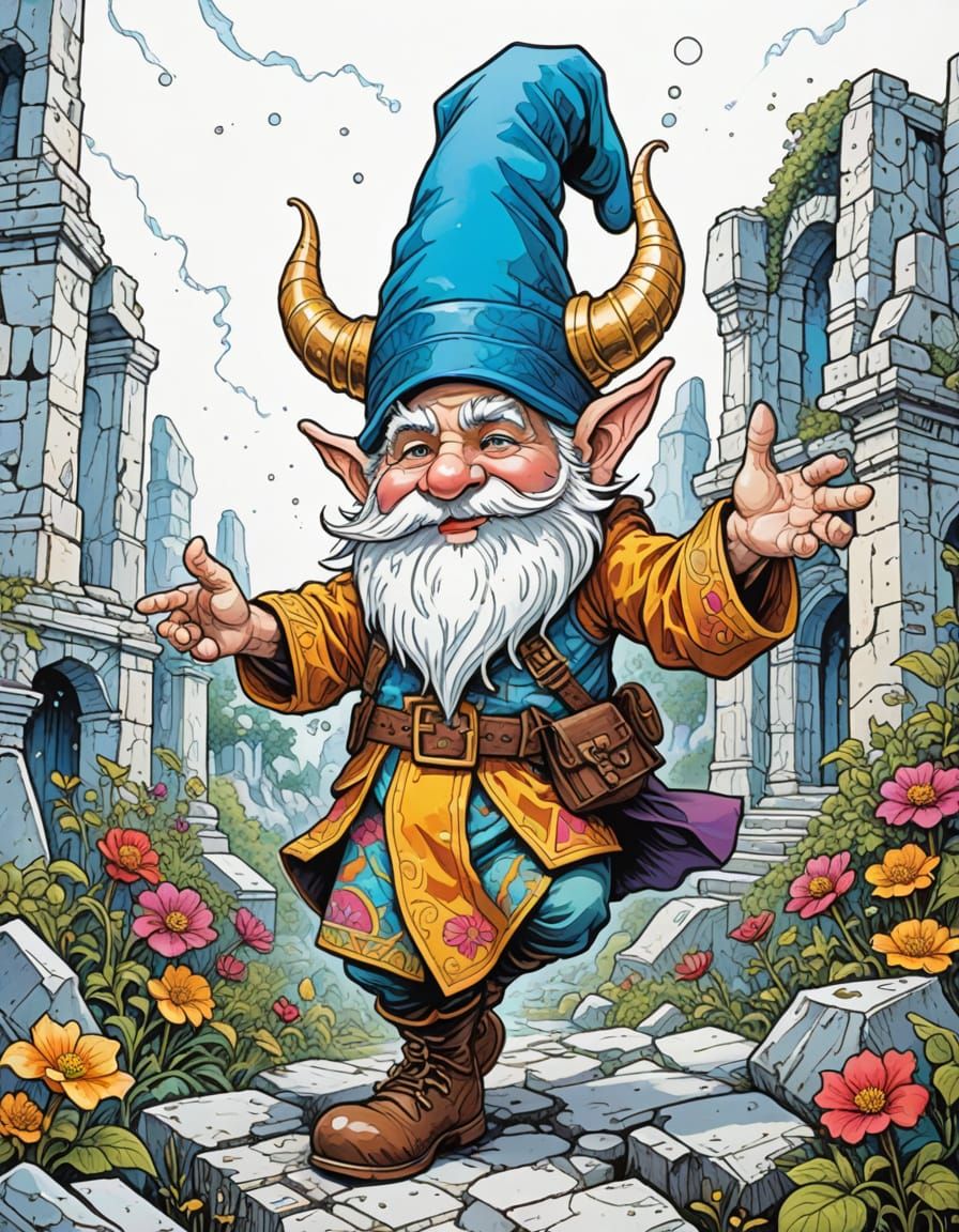 Vibrant Gnome Dances in Ancient Ruins with Shimmering Effect