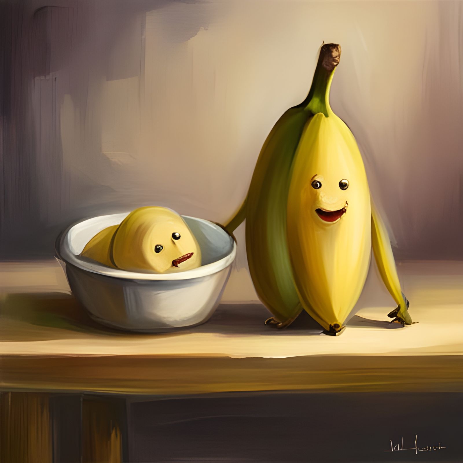 Banana Cannibalism: A Cute Oil Painting