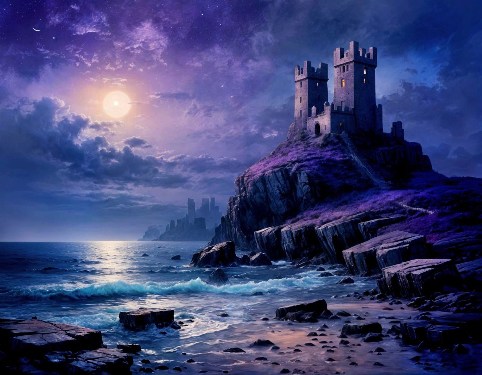 Ancient Towers Rise From Violet Sea at Twilight