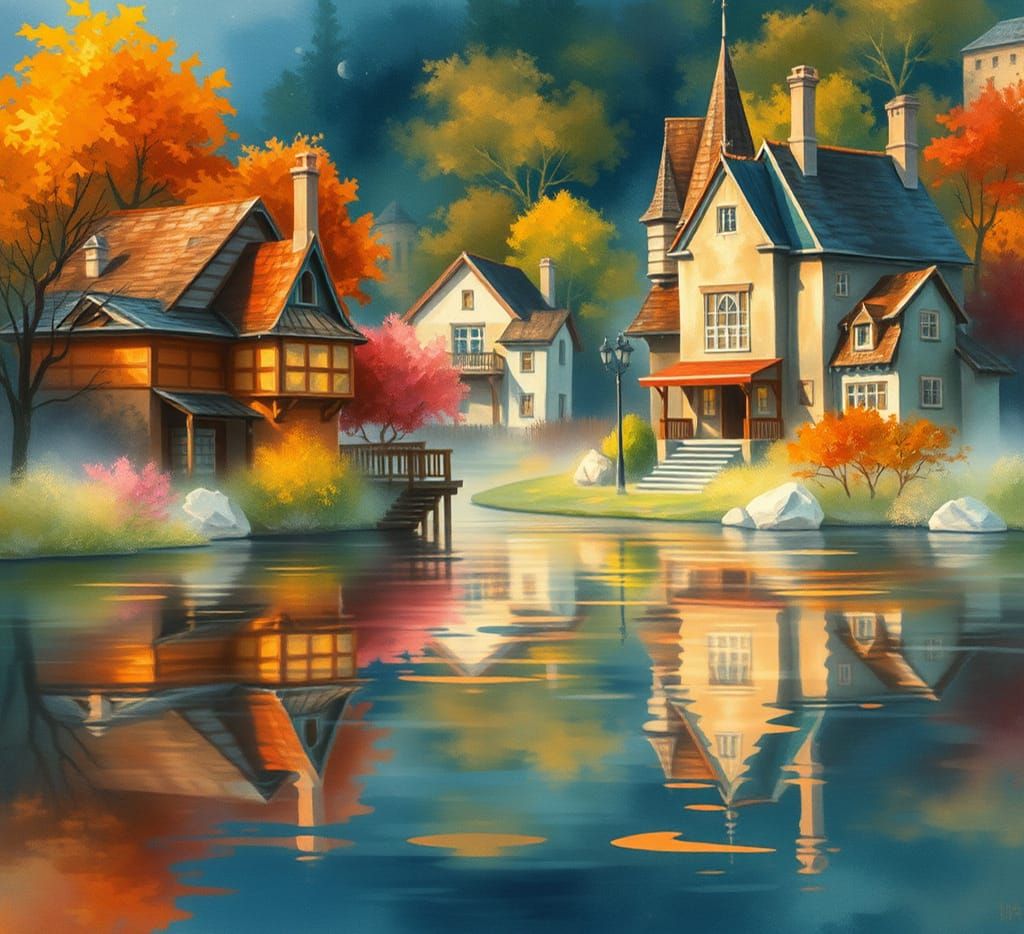 Watercolor Autumn Reflections in Fantasy Landscape