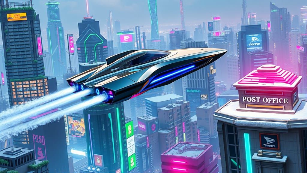 Cyberpunk Flying Car Soars Above Futuristic Metropolis