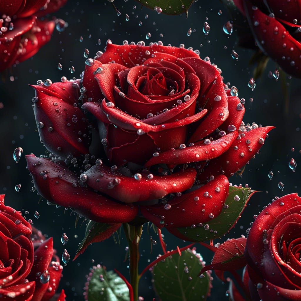 Macro Red Rose with Dew Drops: 8K Resolution