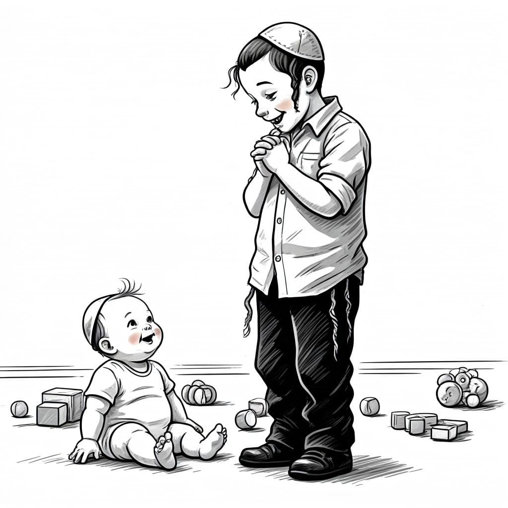 A Joyful Ultra-Orthodox Brother Admires His Baby Brother
