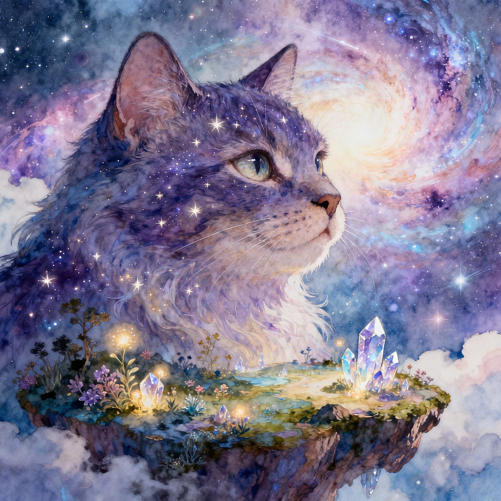 Ethereal Cat on Floating Island Amidst Nebula
