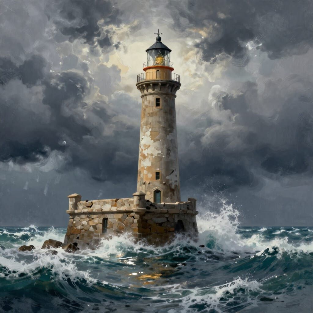 Dramatic Lighthouse Storm Seascapes in Turner Style