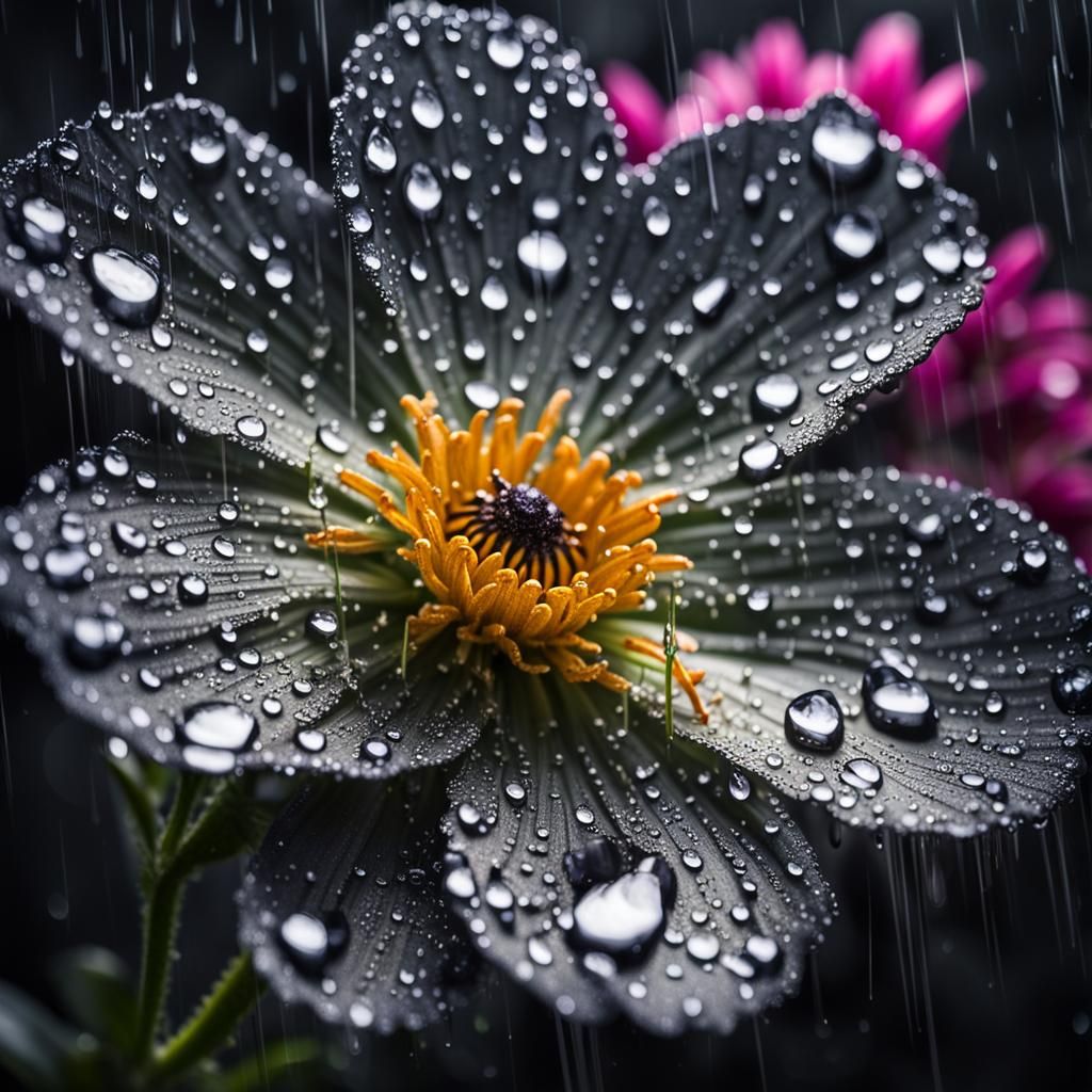 Sparkling Flower with Raindrops on Black Background