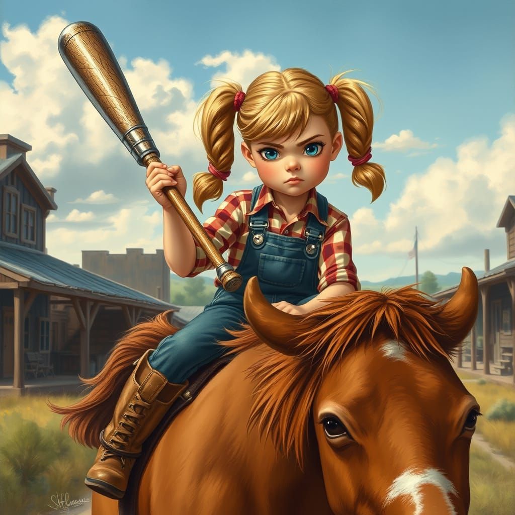 Girl Rides Bronco with Baseball Bat in Rockwell Style
