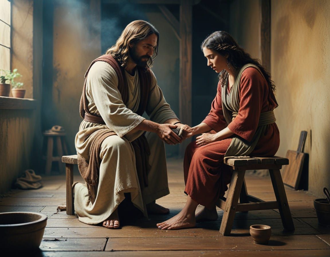 Jesus Kneels in Humble Devotion to an Ancient Hebrew Woman