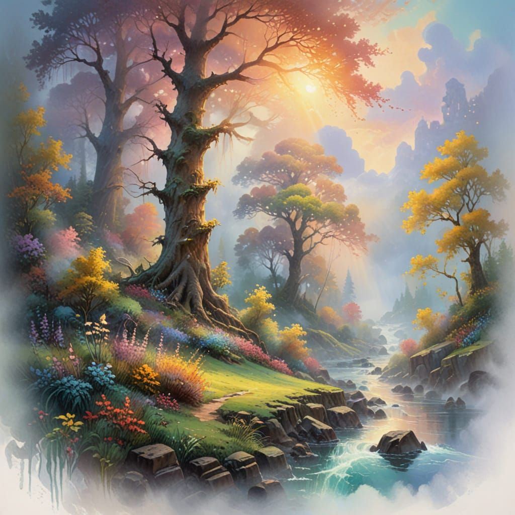 Mystical Forest Dawn in Gouache Impressionist Style