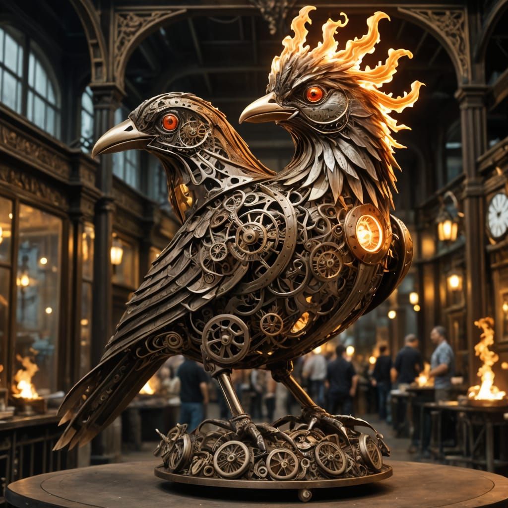 Intricate Clockwork Metal Bird in Flames