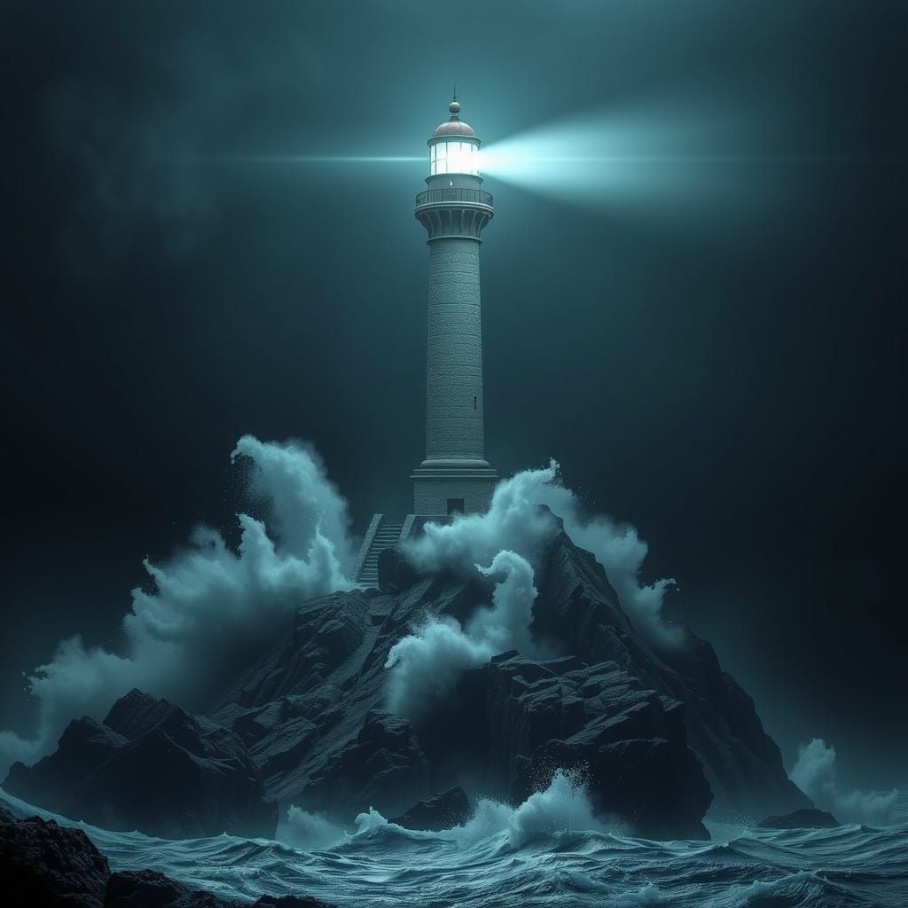 Lighthouse on Rocky Cliff During Stormy Night