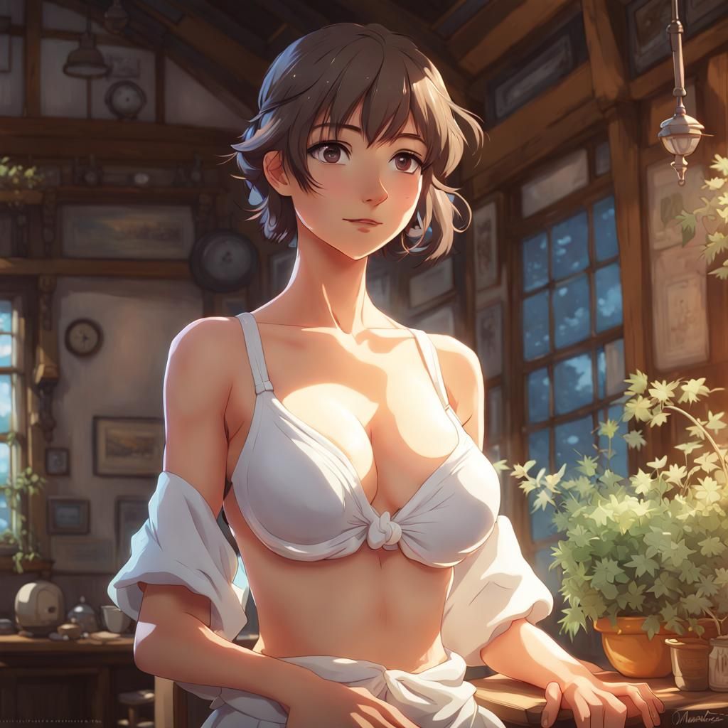 Anime-Style Portrait of Woman in White Bra