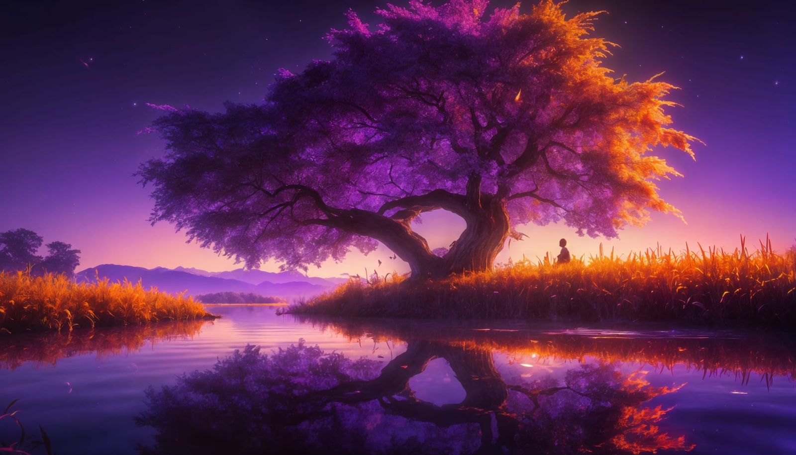 Dreamy Fantasy Landscape at Nighttime with Glowing Grass and...