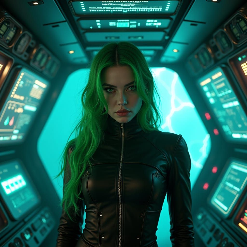 Green-Eyed Captain in Spaceship Interior, Sci-Fi Film Aesthe...