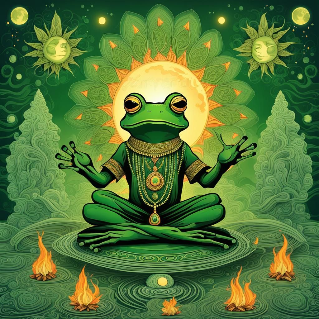 Green Frog and Shaman by Campfire with Zentangle Elements