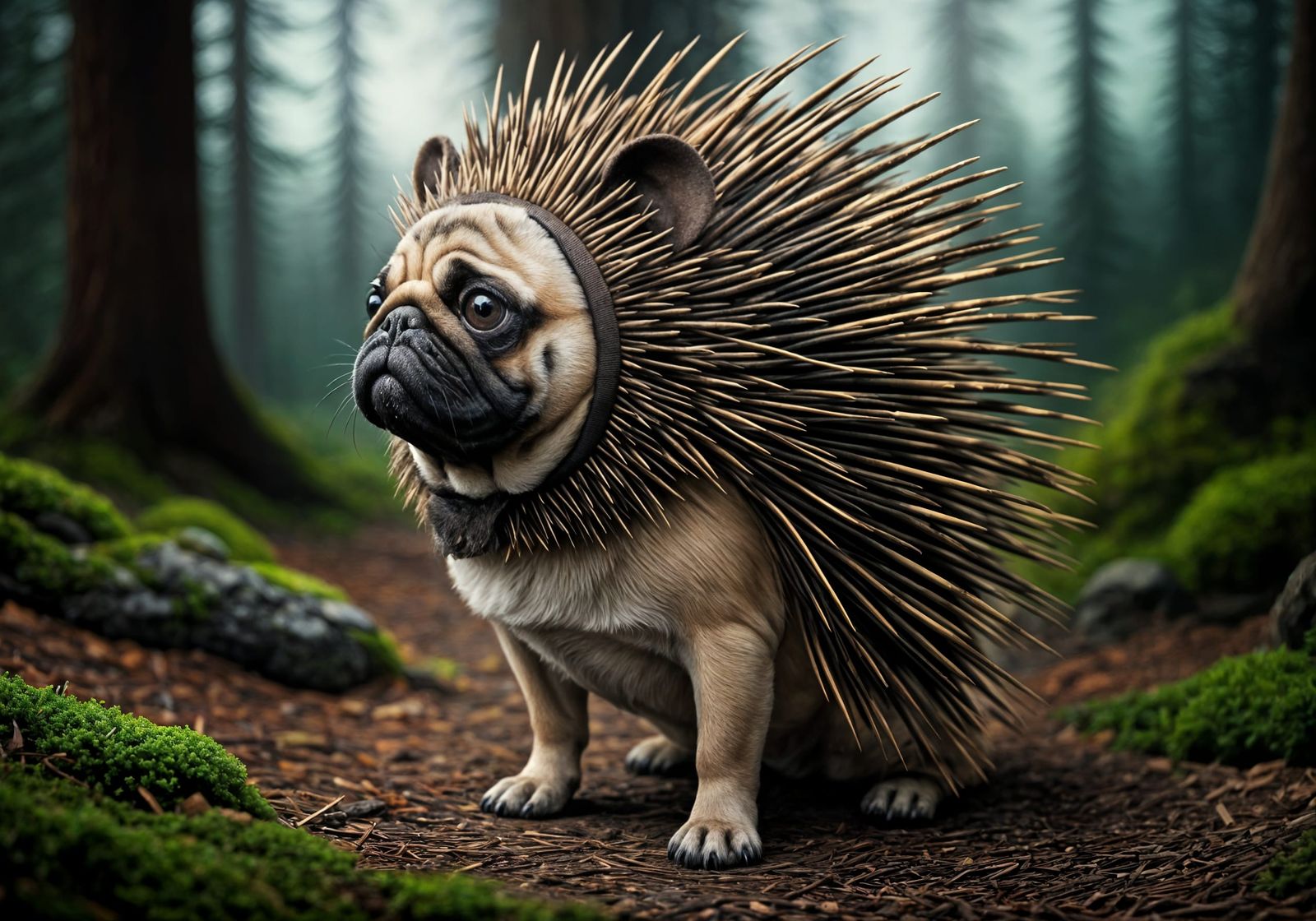 Cute Pug in Porcupine Costume in Mountain Woodlands