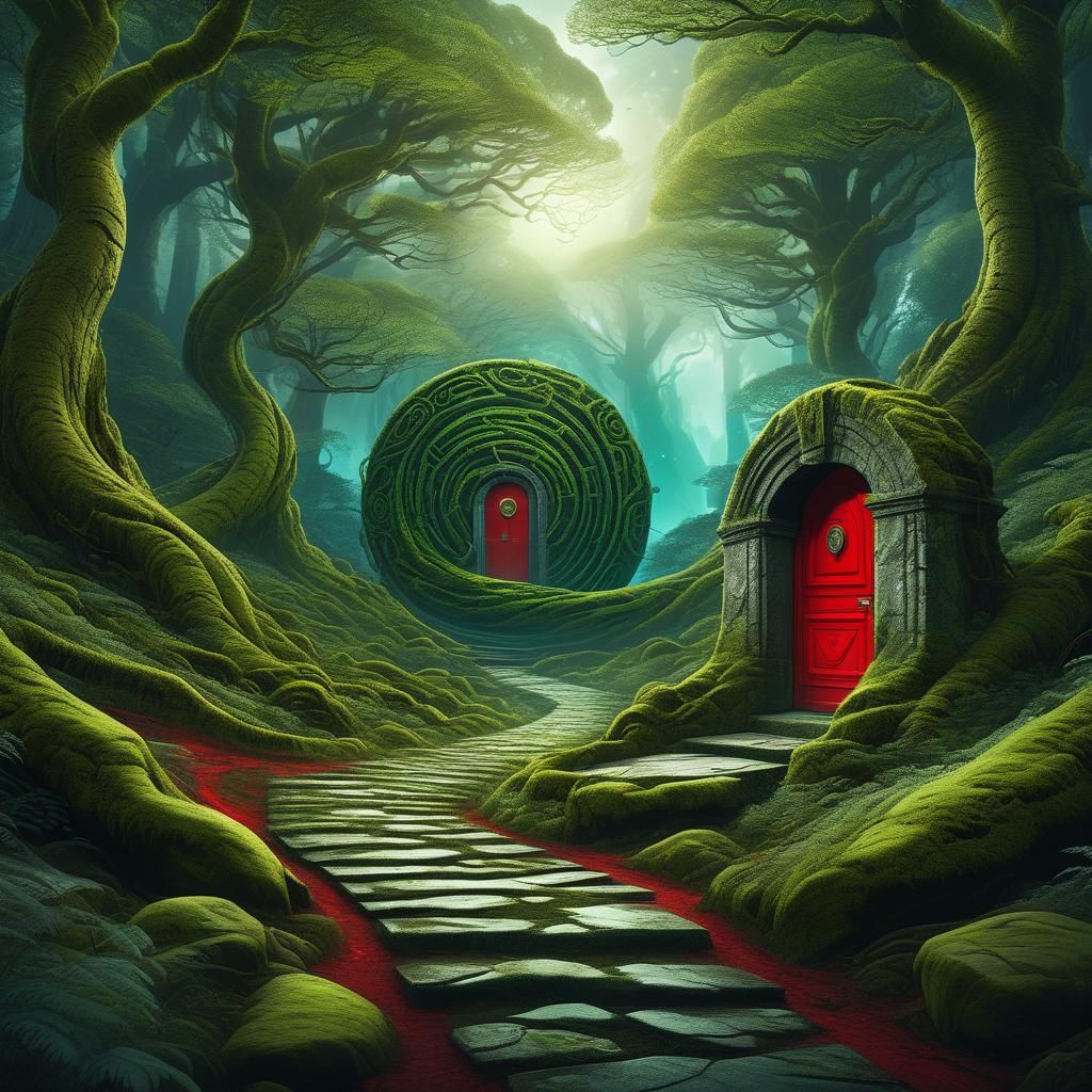 Bioluminescent Forest Path to Red Door: Fantasy Art