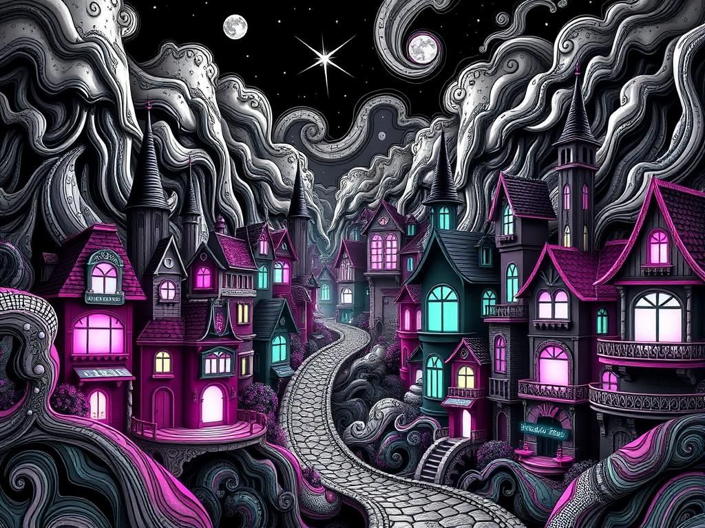 Black and White Fantasy Town in Abstract Art