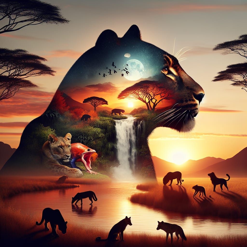 Leopard Silhouette Double Exposure: African Sunset Waterfall