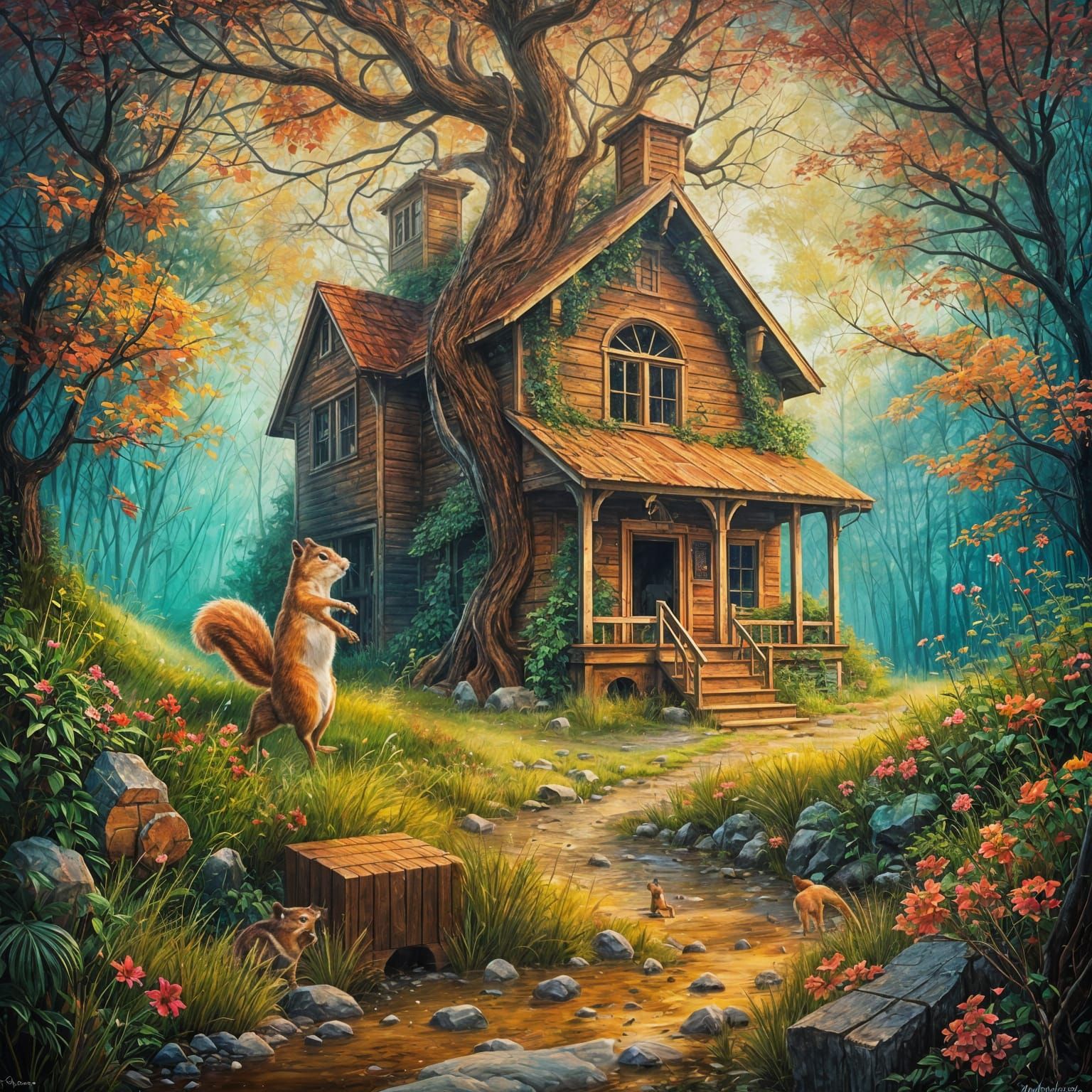 Chipmunk Plays in Abandoned House with Indoor Tree